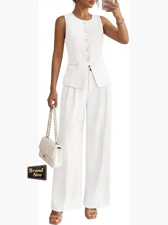 Sleeveless Blazer Vest Wide Leg Pants 2 Piece Suit Set Business Casual Work