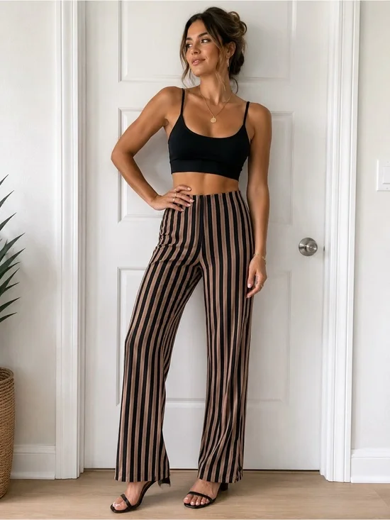 Striped Light Weight Elastic Wide-Leg Pants in Black & Brown Stripes