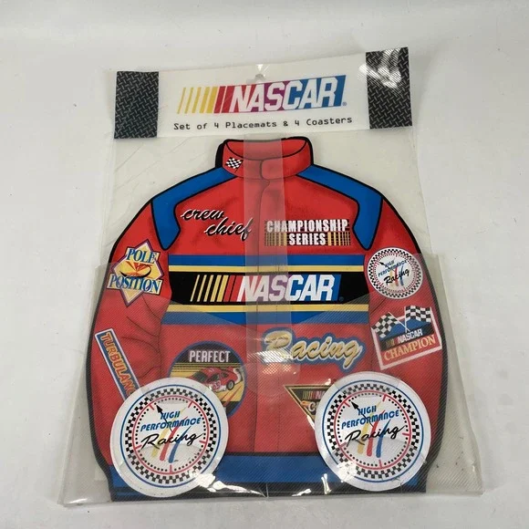NASCAR Set of 4 Racing Jacket Placemats and 4 Coasters Red Vinyl Table Decor