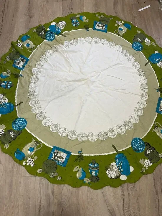 Vintage Style Round Tablecloth Retro Kitchen Pantry Olive Green Turquoise