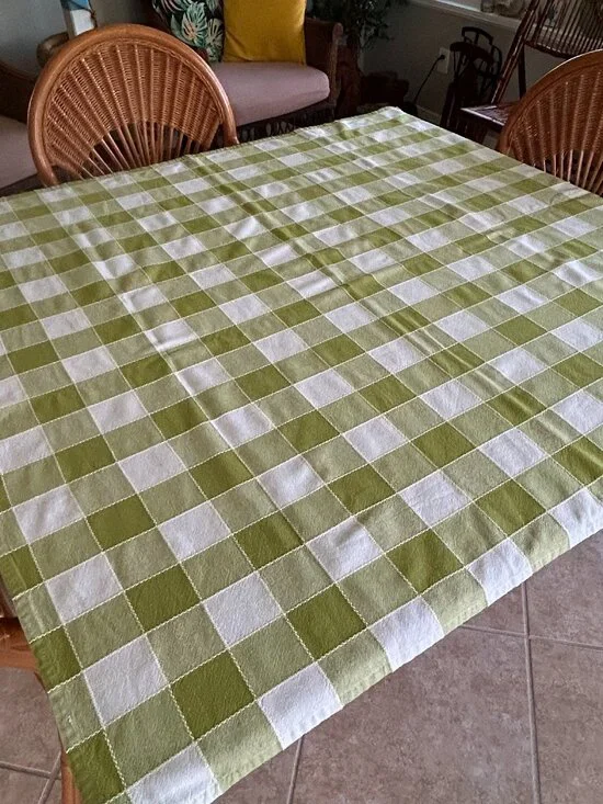 Bright Olive Green and White Checked Cotton Tablecloth 48