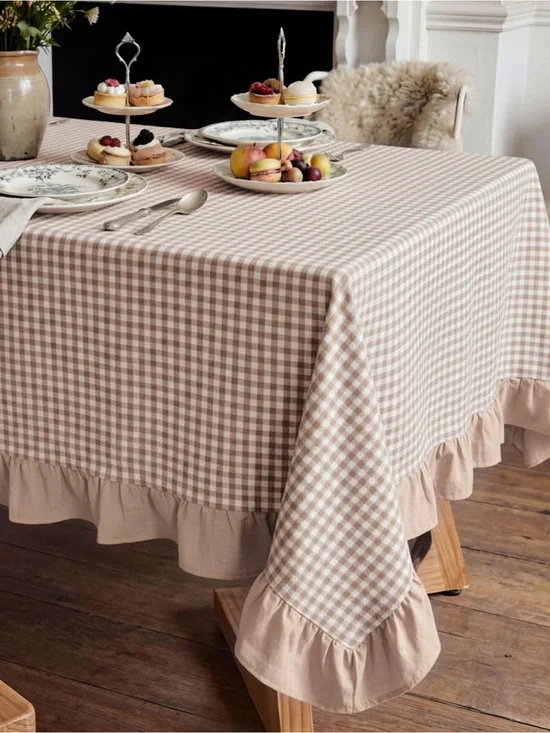 Classic Beige Gingham Tablecloth with Ruffled Edge