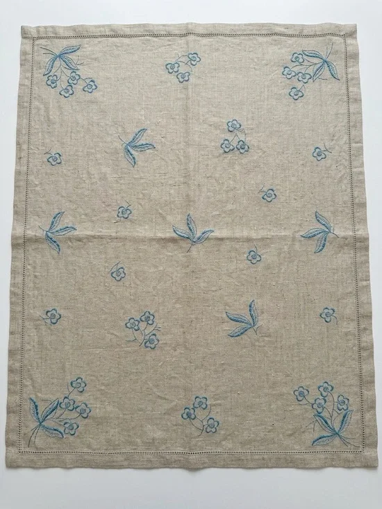 Natural Flax Linen Tablecloth Embroidered Blue Floral 64x80 EUC