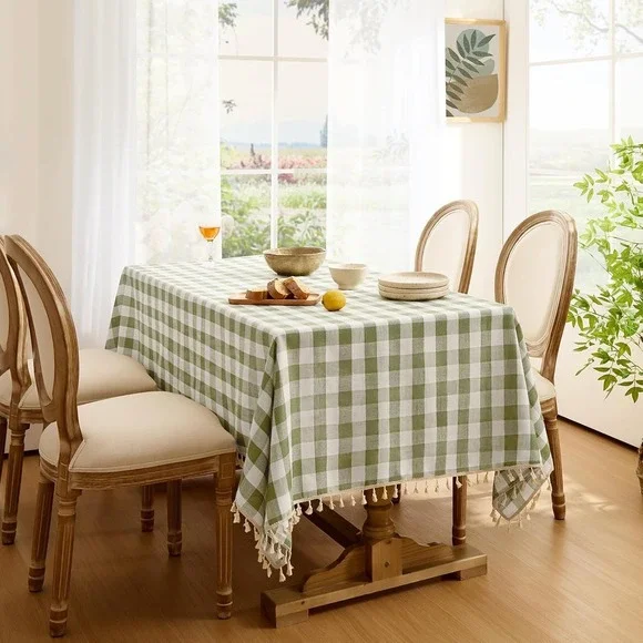 Gingham Tablecloth 55x84 Sage Green Tassel Trim Cottagecore Farmhouse New