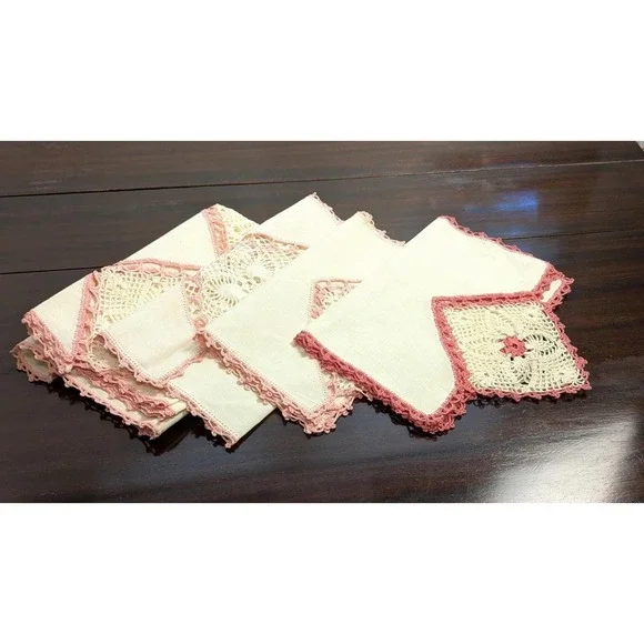 Vintage Pink Crochet Linen Table Runner Set Handmade Lace Napkins Doily 6pc