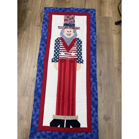 USA Patriotic Uncle Sam Red White Blue Handmade Quilted Table Runner July 41x18
