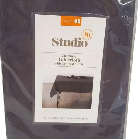 Linen Chambray Blue Tablecloth with Contrast Stitch Excalibur Studio 3B 52 x 70