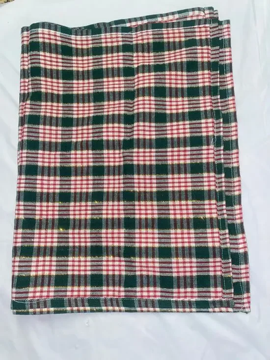 Set of 2 Green Gold White Red Metallic Plaid Cotton Placemats  27.5