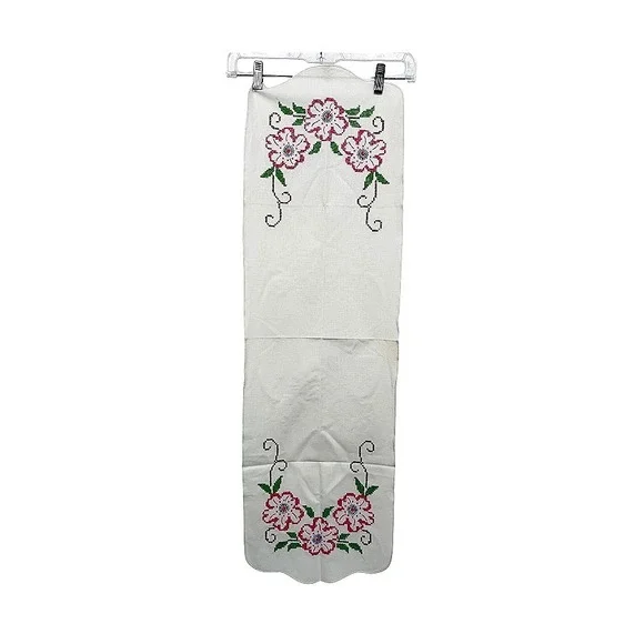 Vintage Embroidered Flower Table Runner Floral Cross Stitch Scalloped Edges