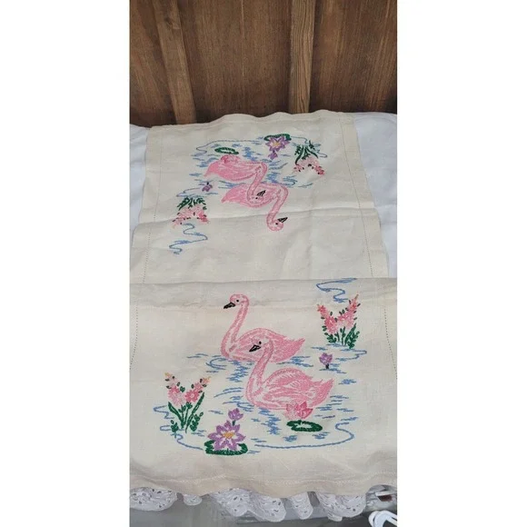 Vintage Embroidered Table Runner with Flamingos and Floral Design