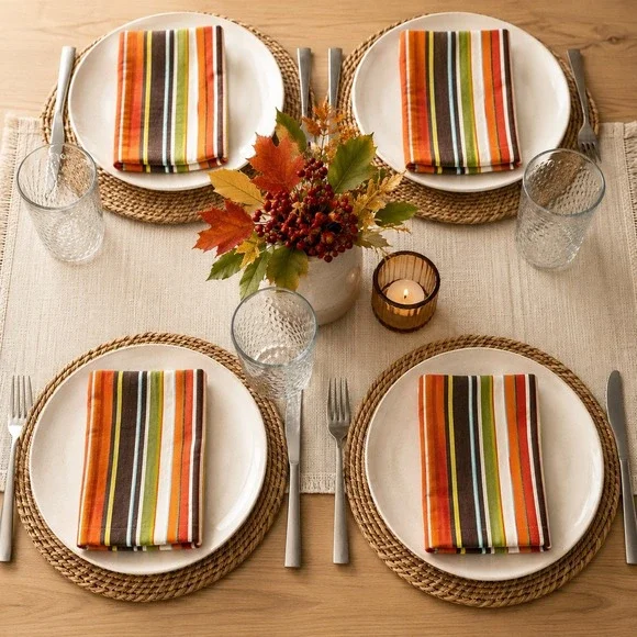 Set of 4 Striped Cotton Napkins Orange Brown Green Multi Color Fall Thanksgiving