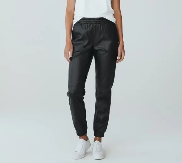 Spanx Leather Like Jogger Black Pull On Pants Faux Vegan Pockets Size Small