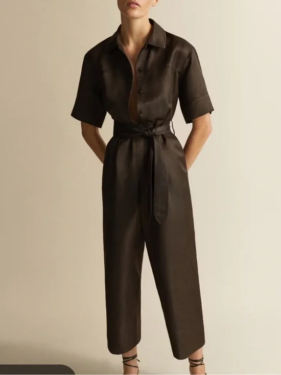 Massimo Dutti Dark Brown Short-Sleeve Belted Jumpsuit