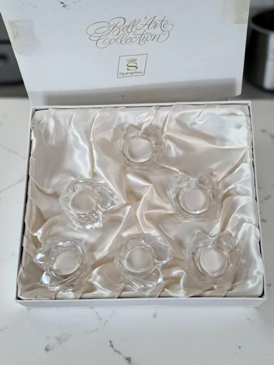 SPIEGELAU BELL’ARTE COLLECTION CRYSTAL BOW/BOWTIE MOTIF SIX MAPKIN RINGS NIB
