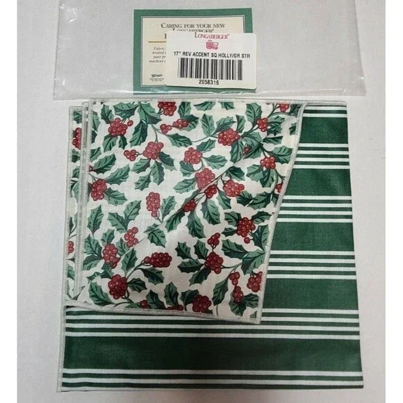 New Longaberger Holly/Green Stripe Accent Reversible Square Liner Square 17