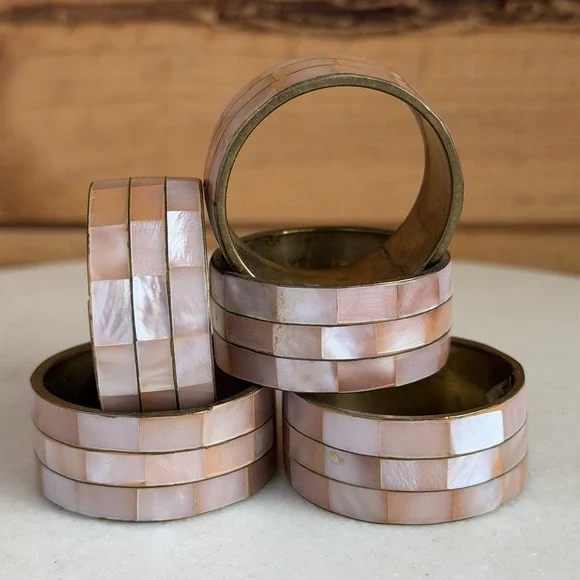 Brass And Pink Shell Napkin Rings Coastal Set Of 5‎ Luncheon Tablescape