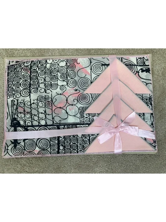 Vtg MCM New 4 Pink & Gray Placemat + Napkin Set Abstract Mod 1950s Linens