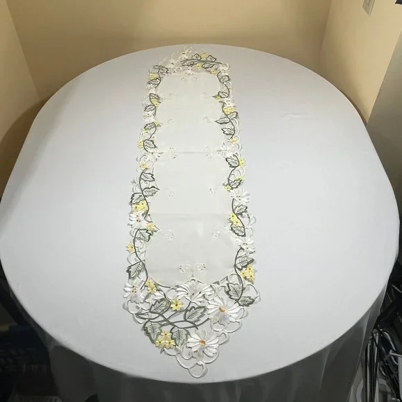 WMG Table Runner Home 57x14 White Yellow Green Embroidered Daisy Floral Lace