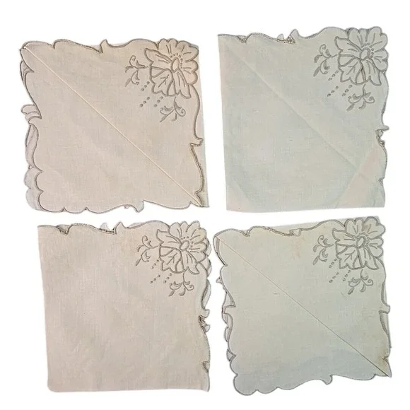 Vtg Embroidered Floral Heirloom Napkins Victorian‎ Luncheon Cream French Country