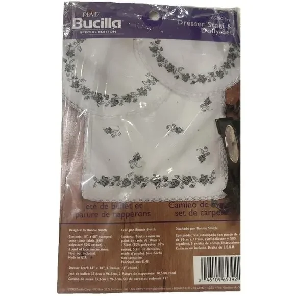 Vtg Bucilla Ivy Dresser Scarf‎ 2 Doily Cross Stitch Lace Set 65392 Stamped NEW