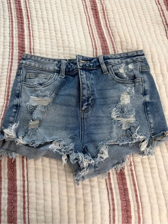 Cello Distressed Ripped Denim Shorts in Light Blue