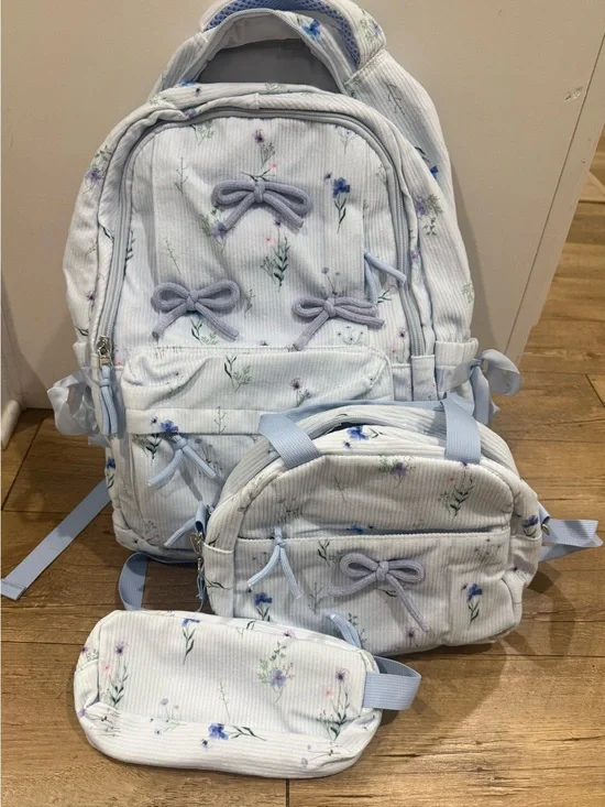 BRAND NEW-Light Blue Floral Kids Backpack Set with Matching Pouch and Crossbody