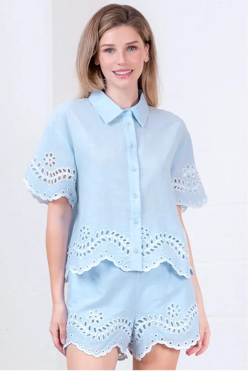 Sky Blue Eyelet Linen Shorts