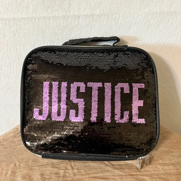 Justice Girls Black Purple Flip Sequin Insulated Lunch‎ Box Bag Sparkle