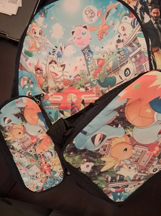 Kids Three Piece Bookbag with Colorful Cartoon Characters - Blue/Orange