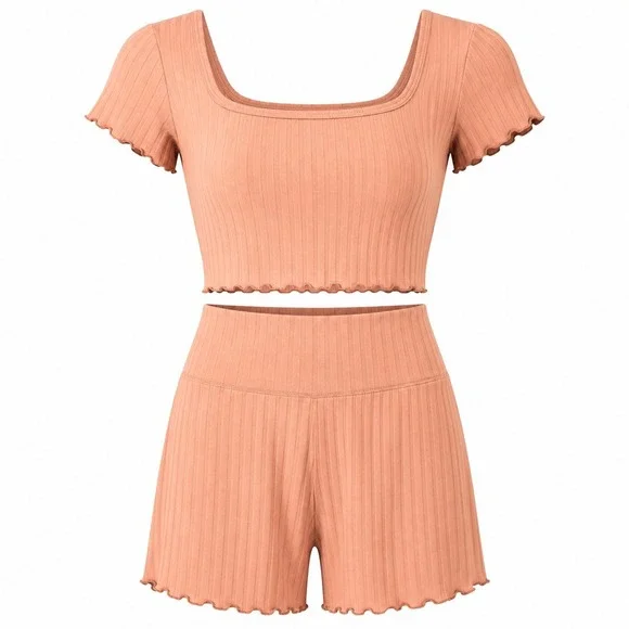 Aerie OFFLINE 2PC Set‎ S Mauve Ribbed Crop Top Biker Shorts Lettuce Athleisure