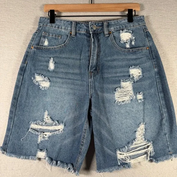 Almost Famous‎ Womens Distressed Denim Bermuda Shorts Blue 7 High Rise Raw Hem