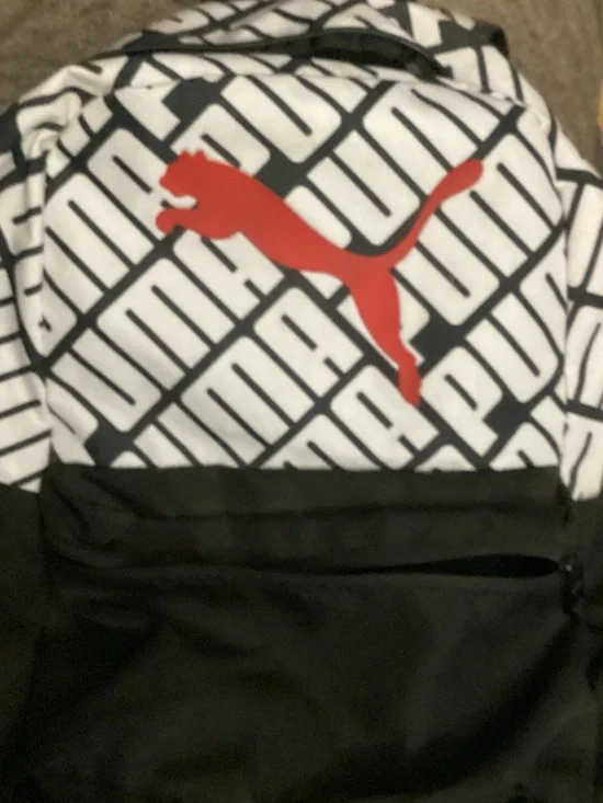 Puma Men's White and Black Graphic Tee with Red Puma Logo