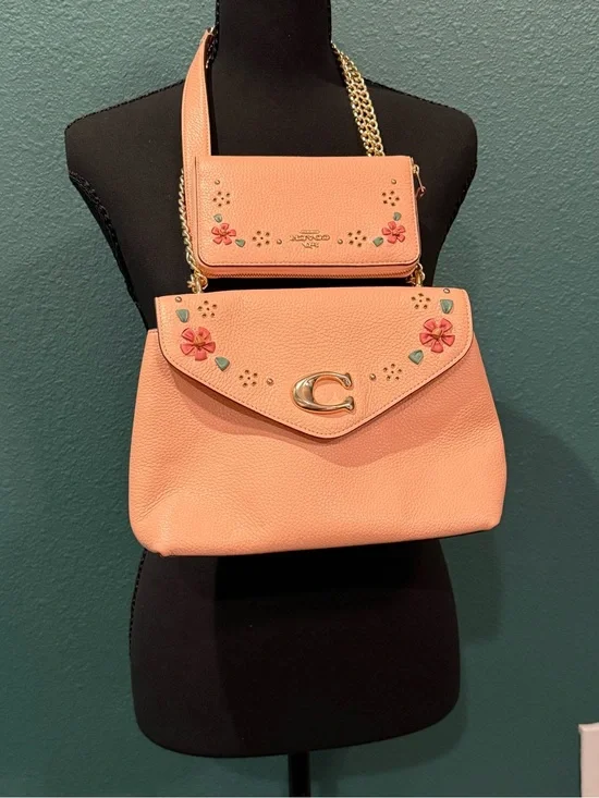 Coach Peach Pink Floral Pebbled Leather Shoulder Bag with Chain Strap