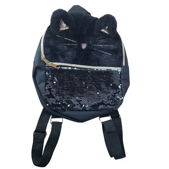 Inmocean Black Cat Mini Backpack Sequin Reversible Flip Fuzzy Kitty Ears Small