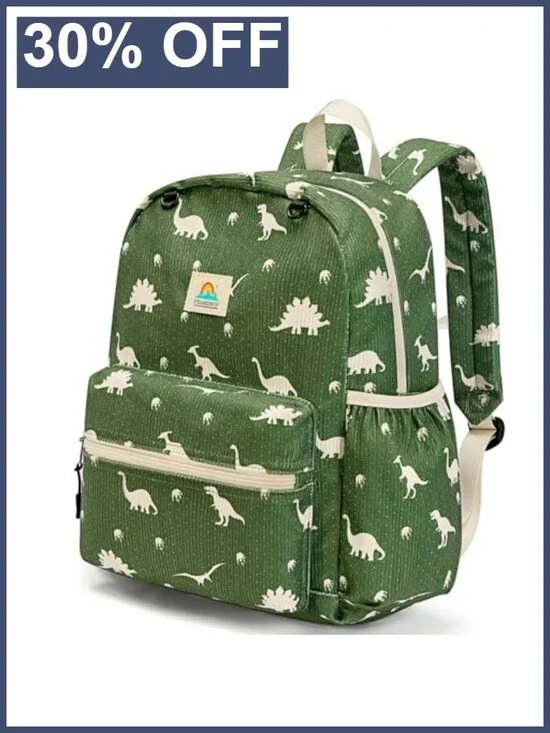 Kids Backpack for School - Corduroy Dinosaur Daypack with Whistle