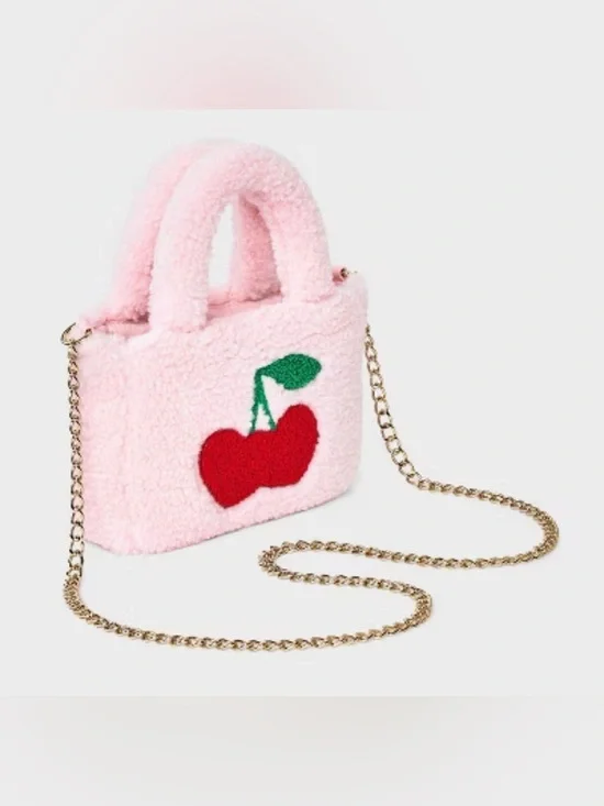 Cat & Jack Pink Mini Satchel Top Handle Bag Cherry Applique Gold Chain Strap