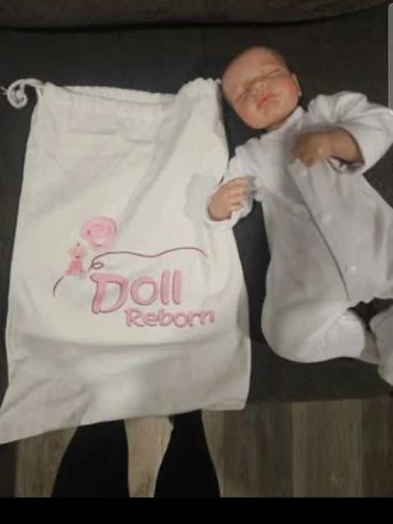 Reborn White Drawstring Doll Storage Bag with Pink Logo