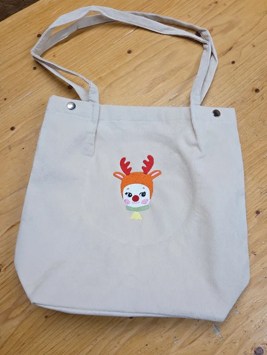 Corduroy Tote Bag with Reindeer Embroidery - Cream