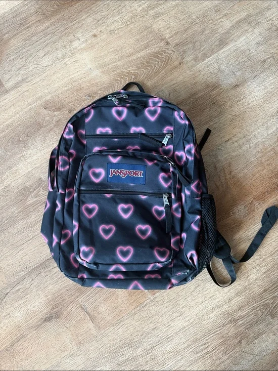 Jansport Black Backpack with Pink Heart Pattern