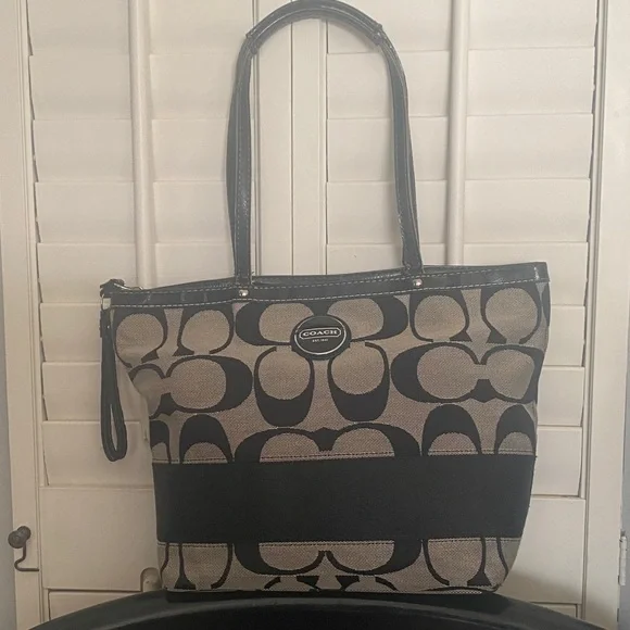 Coach Legacy Stripe Black and Taupe Signature Tote F17433