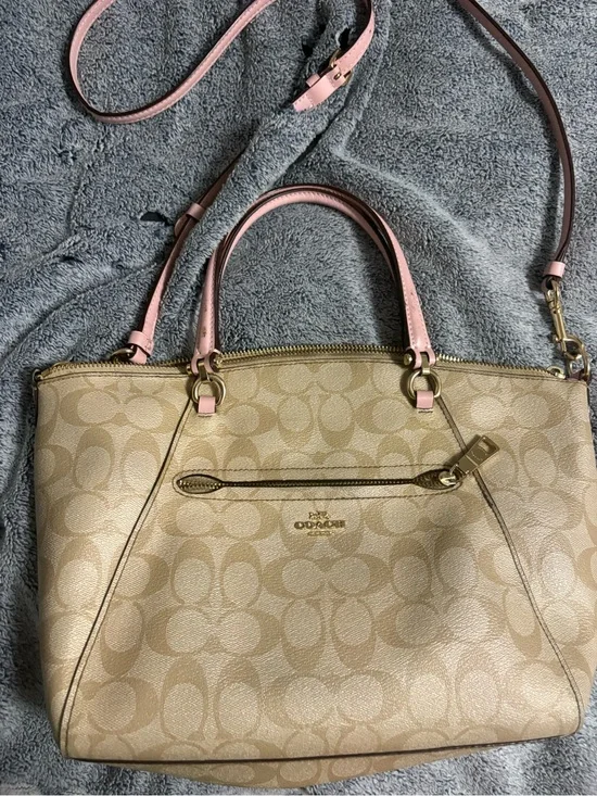 Coach Beige Signature Tote with Pink Trim and Strap