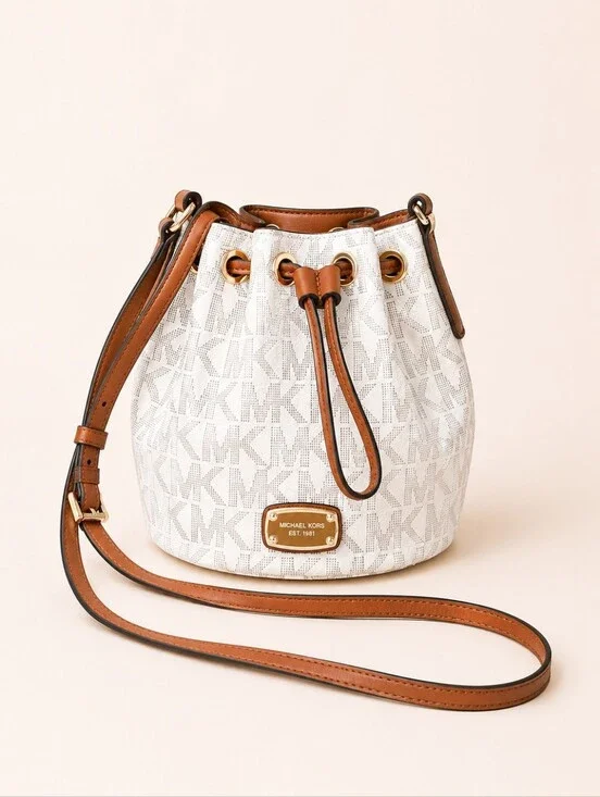 Michael Kors Vanilla Small MK Logo Canvas Fulton Drawstring Crossbody Bucket Bag
