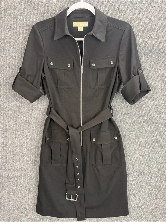 Michael Kors Black Utility Shirt Dress Midi Dress with Belt Small NWOT