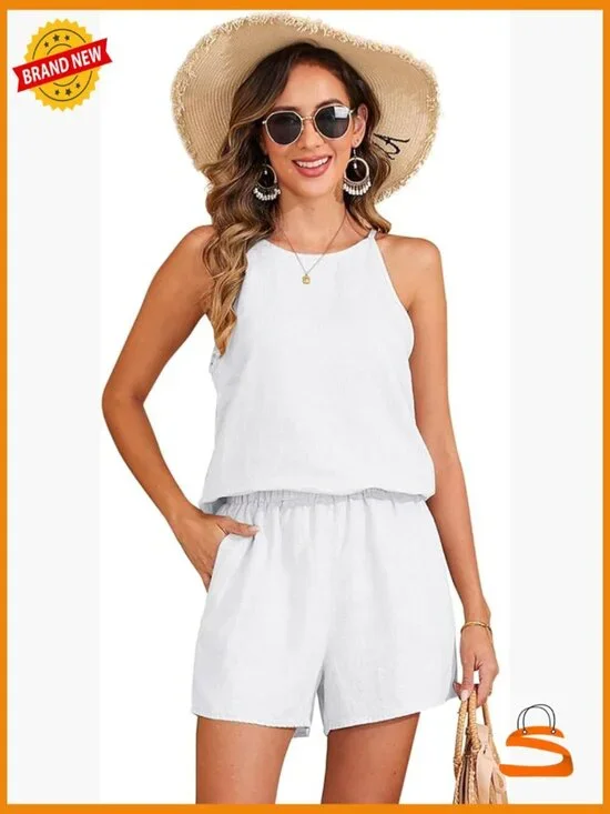 Pure Linen 2 Piece Short Set Sleeveless Halter Top High Waist Shorts Lounge