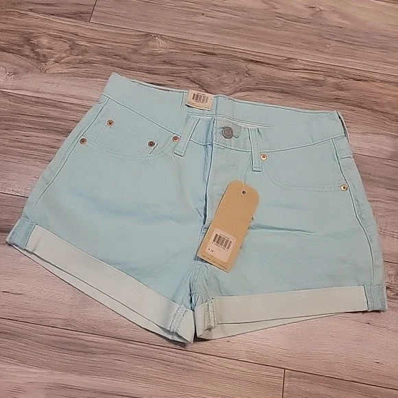 Levi's 501 Shorts Womens 28 Mint Green Mid Rise Cuff‎ Hem Denim Button Fly NEW