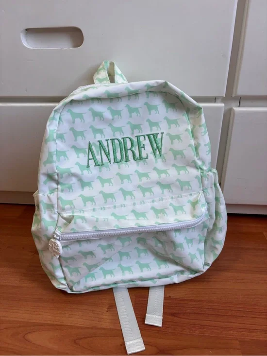 Personalized Kids Backpack - Mint Dog Print with Andrew Embroidery
