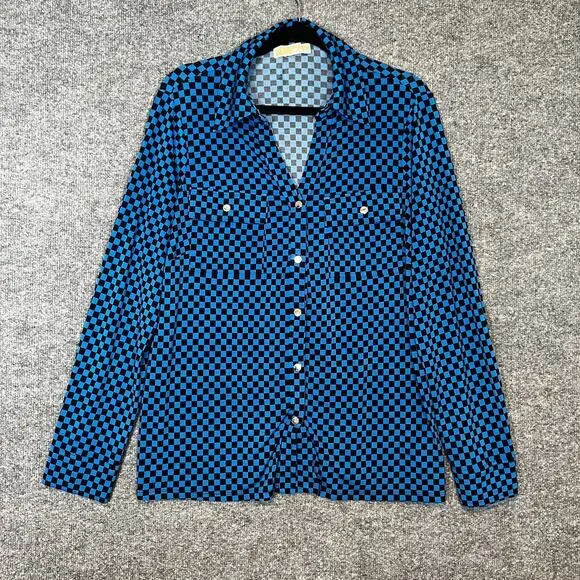 Michael Kors Shirt Womens XL Blue Black Checkered Button‎ Up Stretch Casual