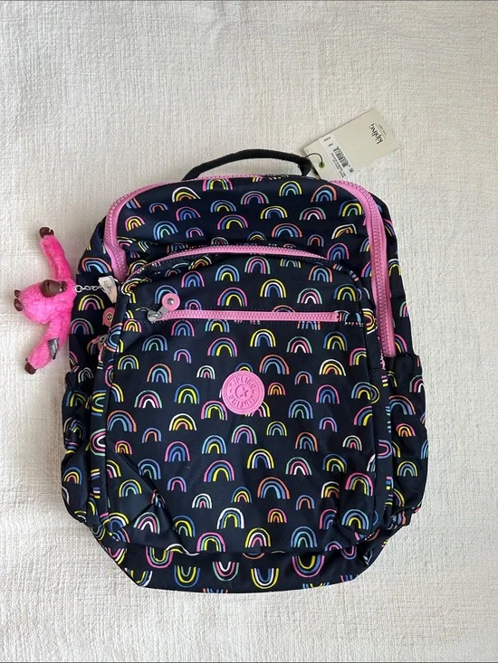 Kipling Navy Kids Backpack with Rainbow Print and Pink Accents