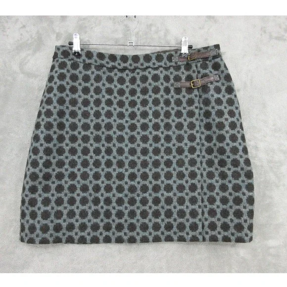 Boden Skirt Womens Size 12 Wool Wrap Buckle Mini Polka Dot Preppy Academia Grey
