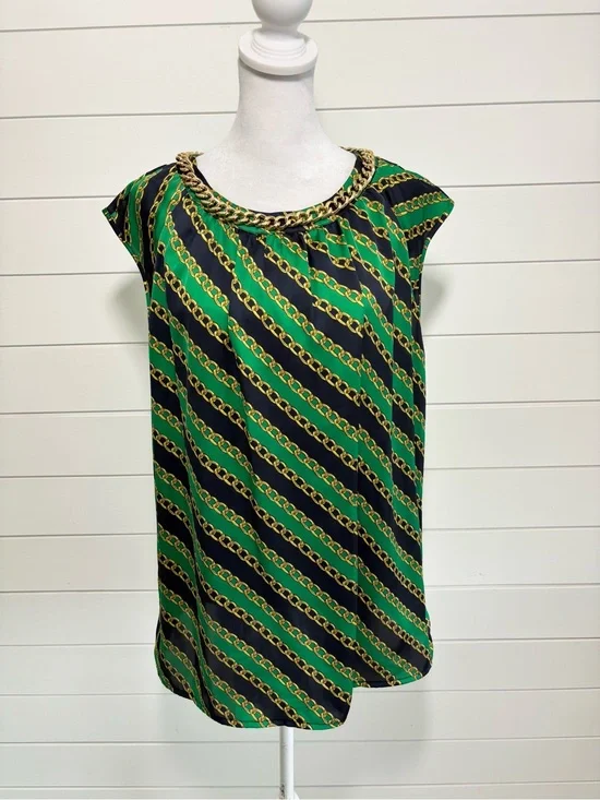 Michael Michael Chain Neck Sleeveless Blouse Green Black Gold Size L